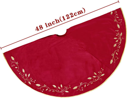 Christmas Tree Skirt, 48 Inches Red Luxury Velvet Plush Fur Skirts with Gold Embroidered Holly Leaf for Rustic Xmas Tree Holiday Decorations