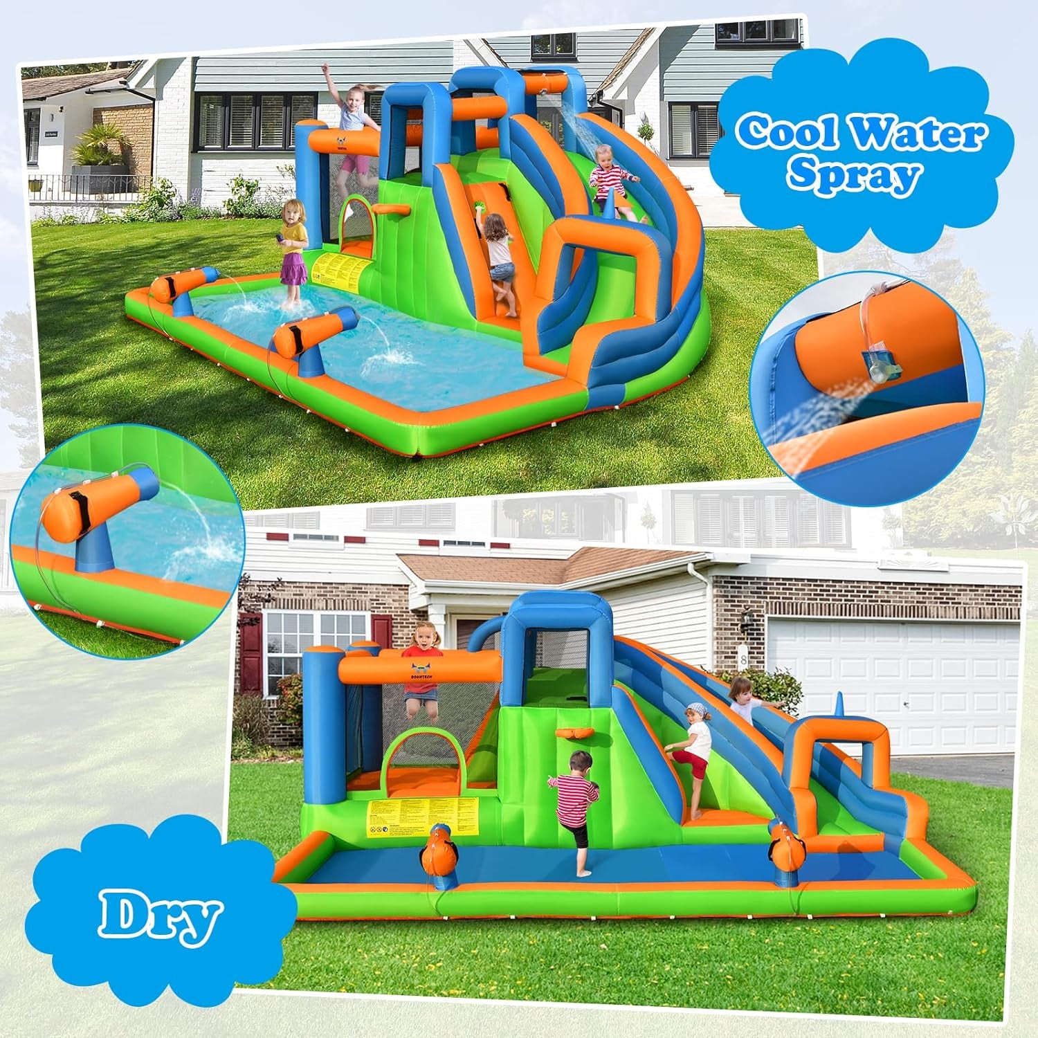 Inflatable Water Slide, 7 in 1 Mega Water Park Bounce House Waterslide Combo for Outdoor Fun W/735W Blower, Climbing Walls, Blow up Water Slides Inflatables for Kids and Adults Backyard Gifts