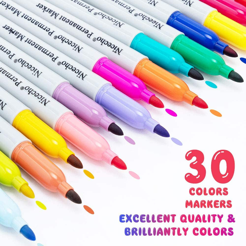 Permanent Markers, 30 Colored Fine Point Marker Pens, Waterproof Marker Works on Paper, Plastic, Wood, Metal and Glass