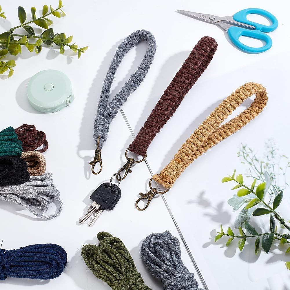 8 Sets Macrame DIY Wristlet Keychain Kits with Update Instruction Macrame Cord Knotting Kits for Adults Beginners Boho Macrame Keychain Kit Includes Key Rings for Key Gift Macrame Beginners