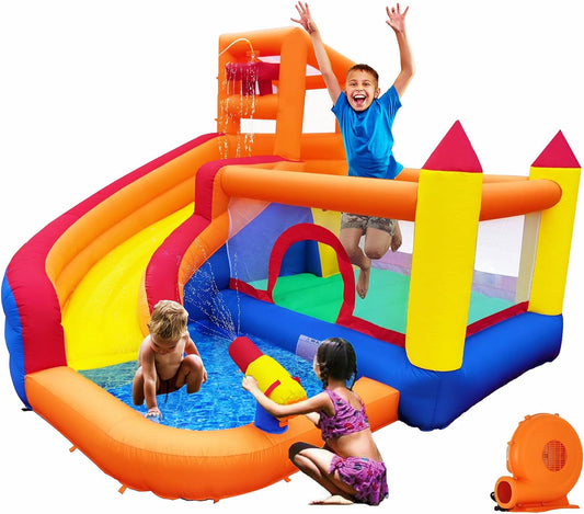 Inflatable Bounce House Water Slide with Blower, 5 in 1 Backyard Water Park W/Climbing Wall, Splash Pool, Jumping Castle, Water Slide, Cannon, Bucket Dump for Indoor Outdoor Parties