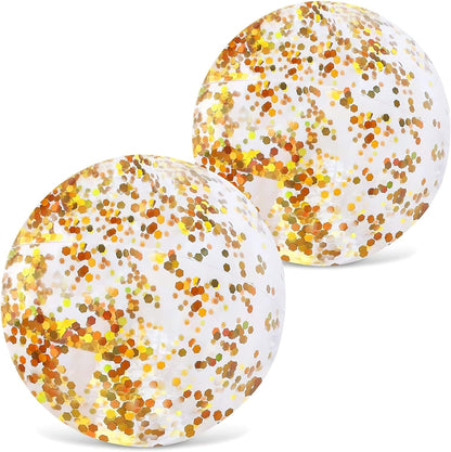 2PCS Inflatable Beach Balls, Glitter Beach Ball 16 Inch Clear Inflatable Ball with Gold Confetti for Kids Birthday Summer Pool Party