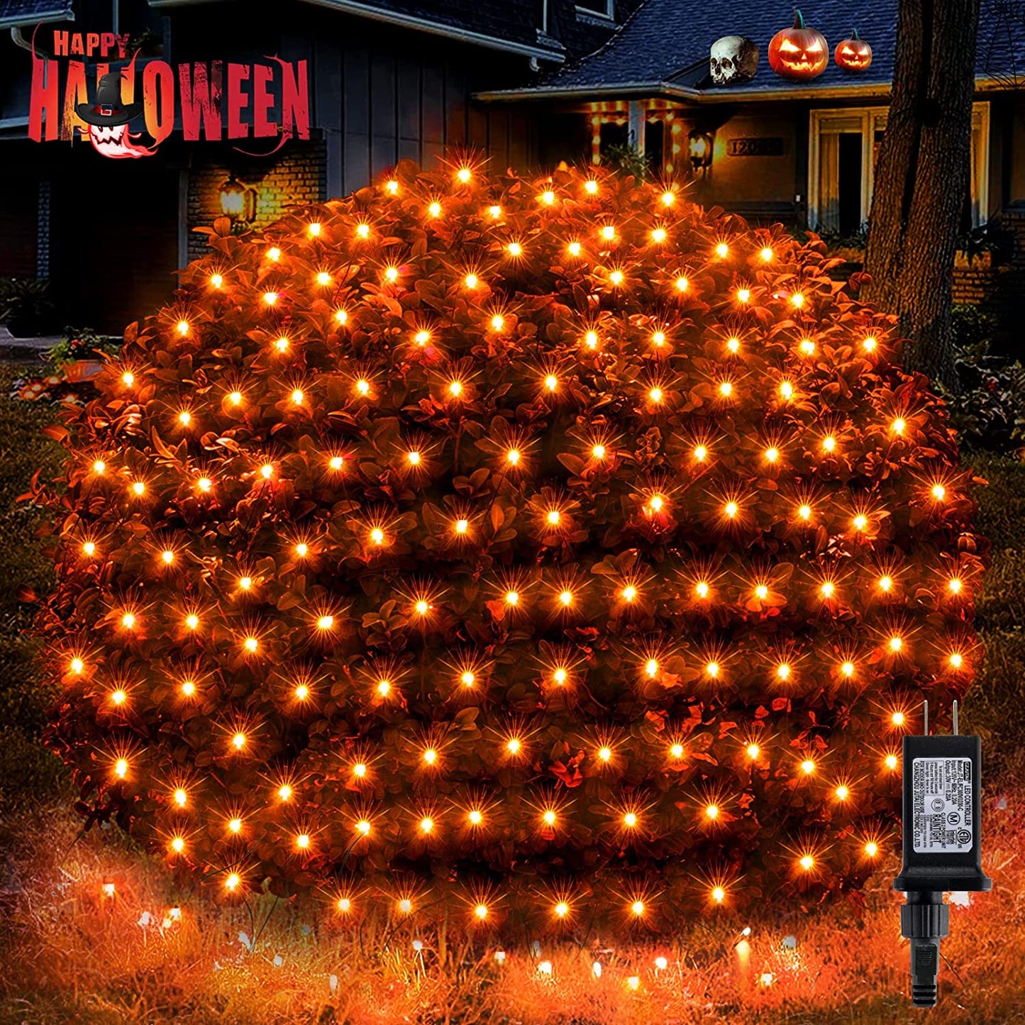 Halloween Net Lights, 200 LED 8.2Ft X 4.9Ft Orange Halloween Bush Lights with 8 Modes, Timer, Connectable, Waterproof and Green Wire Design for Trees, Bushes, Halloween Decorations Outdoor