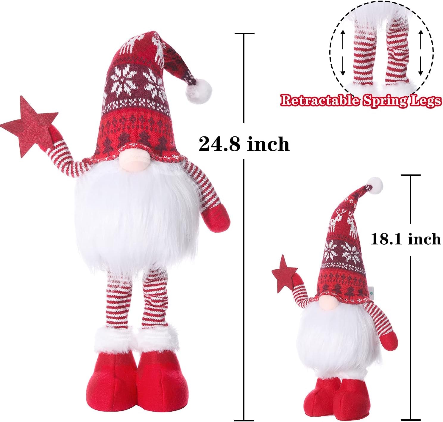 2Pcs 24.8 Inch Large Size Lighted Standing Christmas Gnomes Decorations with Retractable Spring Legs Light up Christmas Knome Gift Winter Tabletop Christmas Decorations