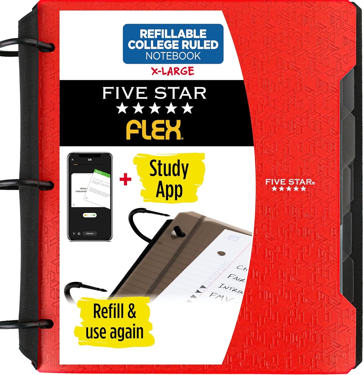 Flex Refillable Notebook + Study App, College Ruled Paper, 1-1/2 Inch Techlock Rings, Pockets, Tabs and Dividers, 300 Sheet Capacity, Black (29324AA2)