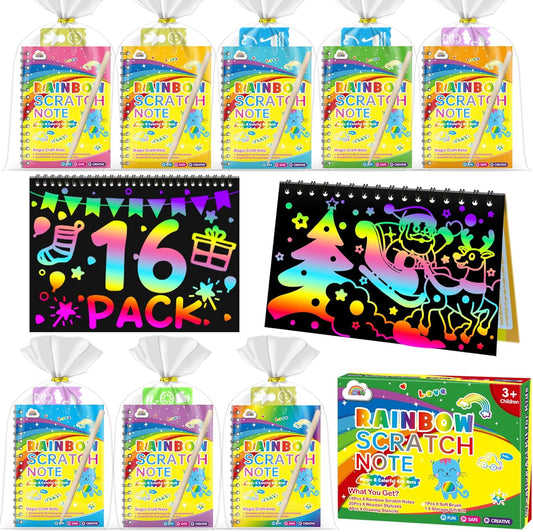 Scratch Art Party Favors: 16 Pack Rainbow Scratch Paper Art Craft Notebooks for Kids Age 3-12 Classroom Prize Art Party Supplies Birthday Goodie Bag Stuffers Easter Christmas Gift for Girls Boys