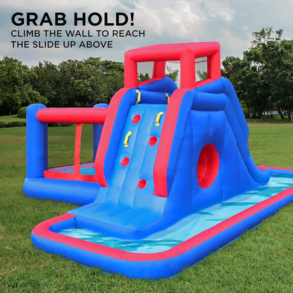 2-In-1 Bounce & Blast Inflatable Water Slide Park – Heavy-Duty for Outdoor Fun - Climbing Wall, Slide, Bouncer & Splash Pool – Easy to Set Up, Included Air Pump & Carrying Case