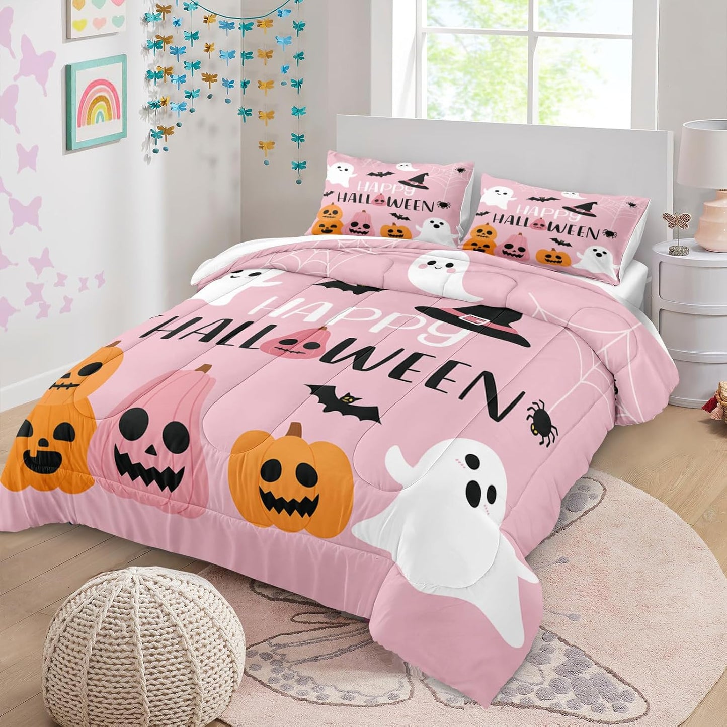 Pumpkin Ghost Comforter Set Girls Pink Halloween Bedding Set Orange Pumpkin White Ghost Bat Spider Cute Cartoon Bedding Kids Teens Happy Halloween Bed Set King Size