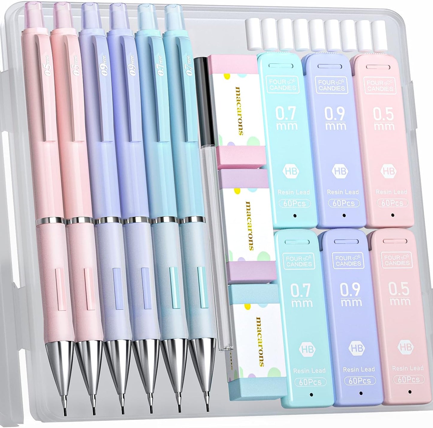 Pastel Mechanical Pencil Set - 6PCS 0.5 Mm & 0.7Mm Pencils with 360PCS HB #2 Lead Refills, 3PCS Erasers and 9PCS Eraser Refills, Cute School Supplies Stuff for Student Writing Drawing