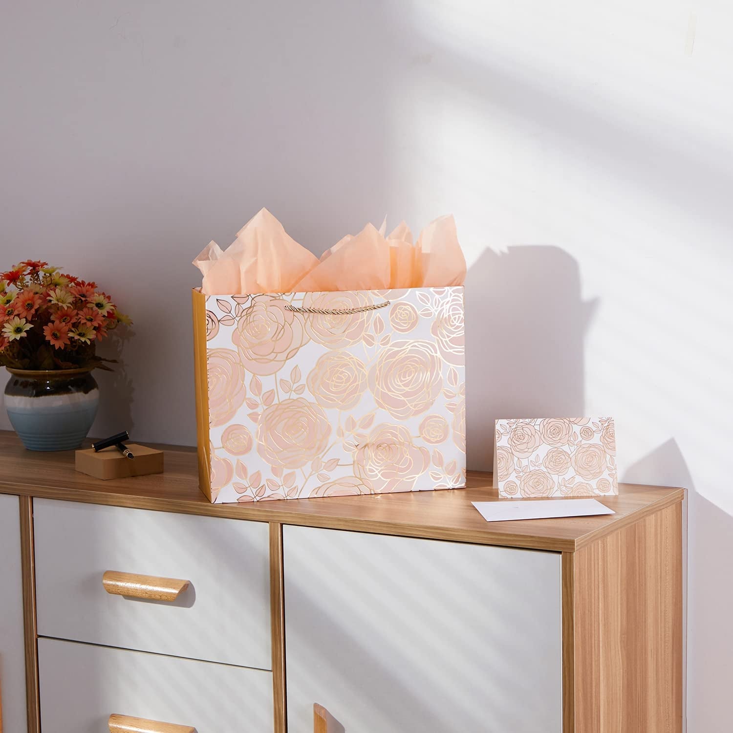 13" Rose Gold Large Gift Bag with Card and Tissue Paper