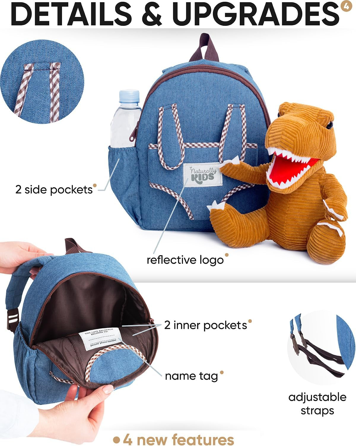 Small Dinosaur Backpack - Dinosaur Toys for Kids 3-5 - Toddler Backpack for Girl W Stuffed Animal - Gifts for 3 Year Old Boys - W Pockets & Reflective Logo - Backpack W Grey Triceratops