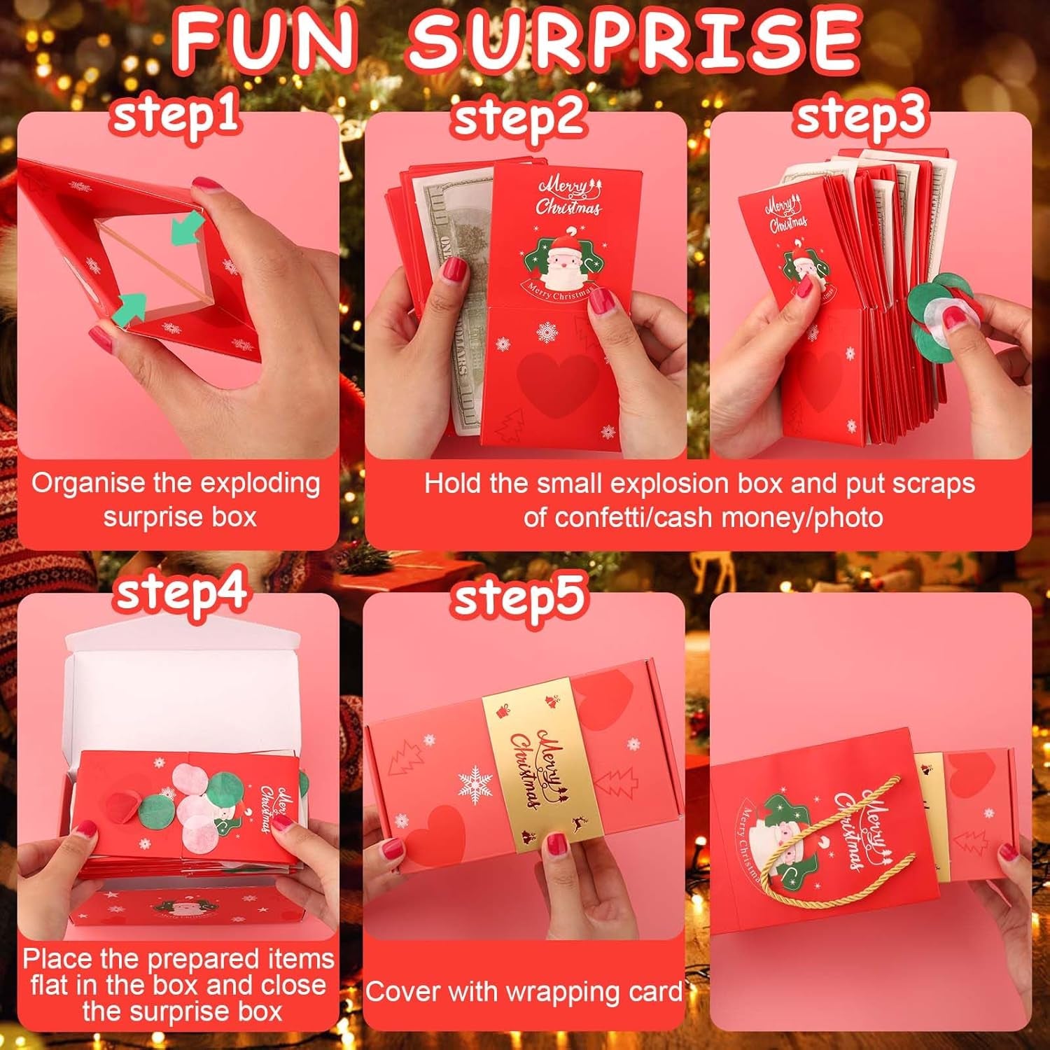 Christmas Surprise Gift Box Explosion for Money, Christmas Explosion Gift Box with Confetti, Surprise Pop up Money Box for Merry (Green)