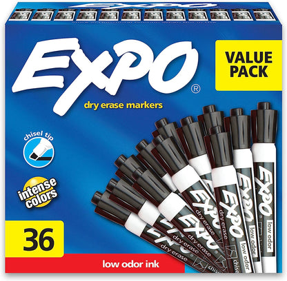 Dry Erase Markers, Chisel Tip, Black, Low-Odor, Pack of 36, Perfect for Whiteboards, Non-Porous Surfaces & Home Offices