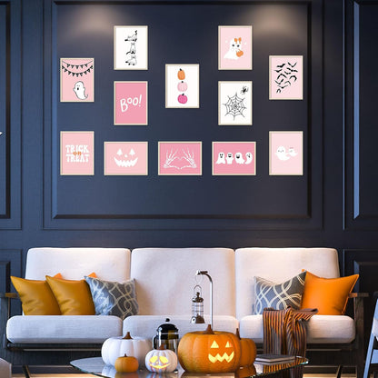 Halloween Wall Art Prints Pink Cute Ghost Boo Paper Posters Halloween Picture Decoration for Party Gallery Living Room Office, 8 X 10 Inch, Unframed