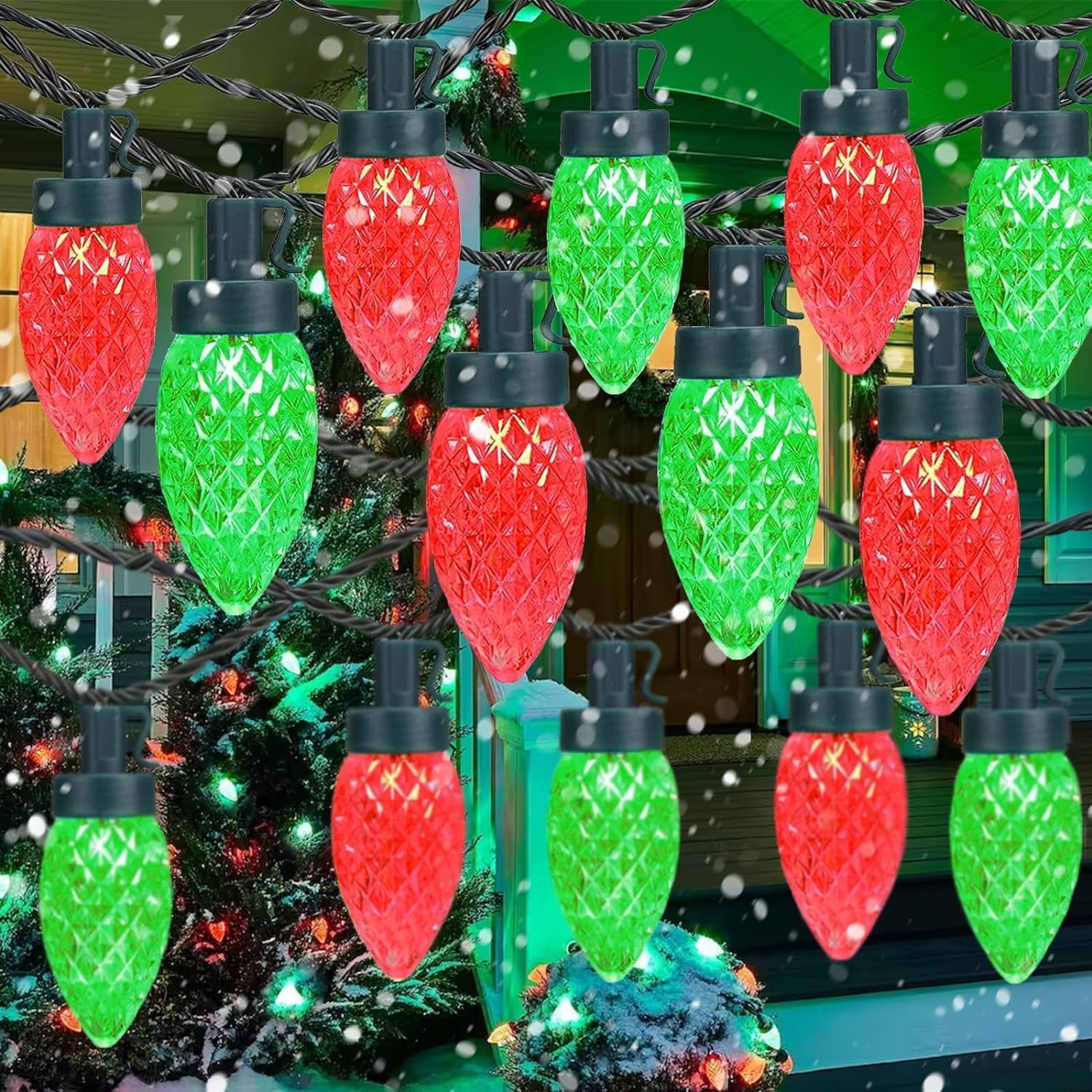 Red and Green Waterproof C9 Christmas Lights, 2PK Each 50 LED 49Ft Extendable C9 Christmas String Lights Green Wire, Outdoor Christmas String Lights for Party Christmas Decoration