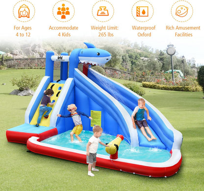 Inflatable Water Slide, Shark Themed Waterslide Park for Kids Backyard Outdoor Fun W/Long Slide, Splashing Pool, 750W Blower, Blow up Water Slides Inflatables for Kids and Adults Party Gifts