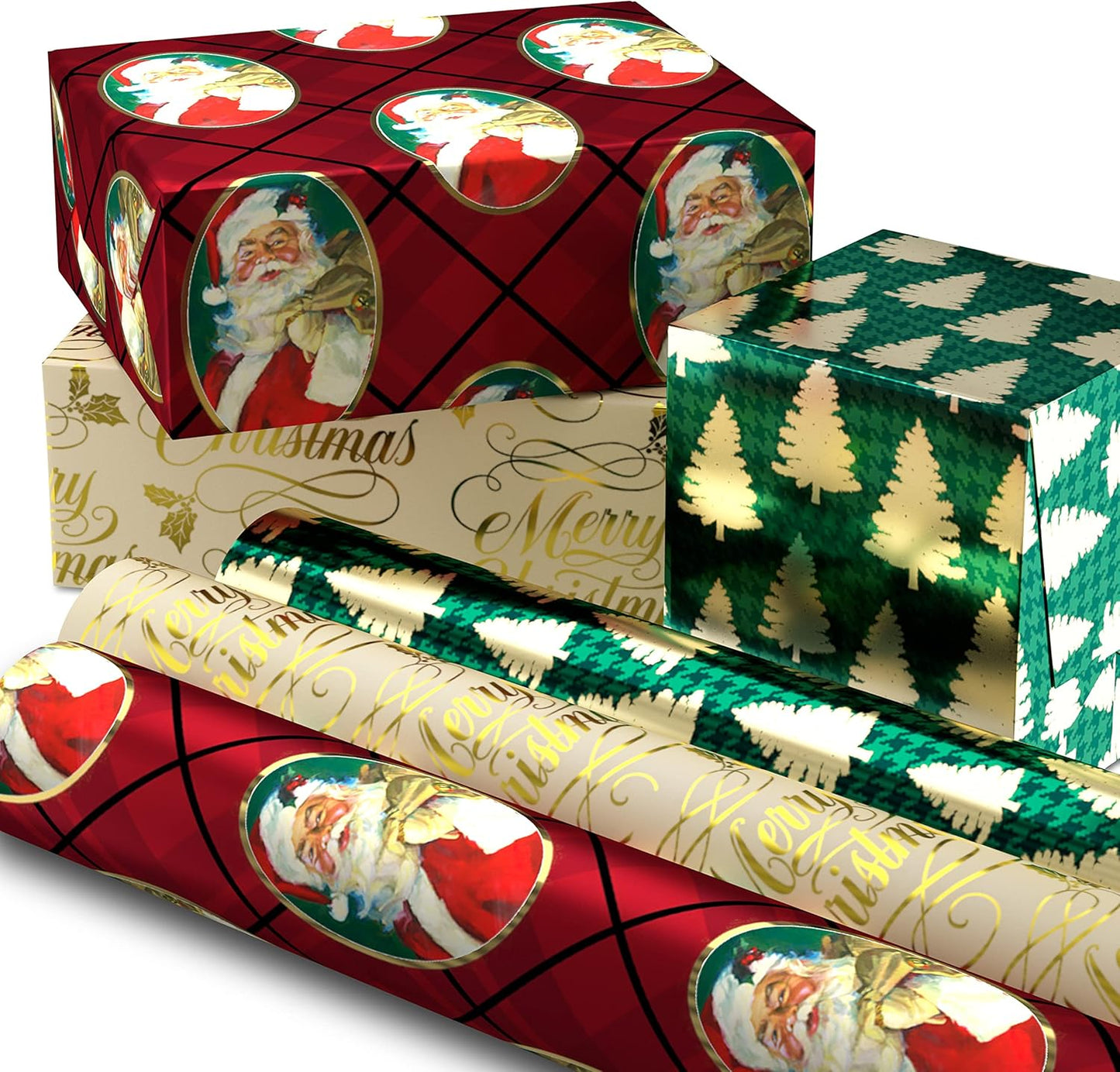 Foil Christmas Wrapping Paper with Cut Lines on Reverse (3 Rolls: 60 Sq. Ft. Ttl) Classic Santa Claus, Gold Merry Christmas, Green Plaid with Gold Trees