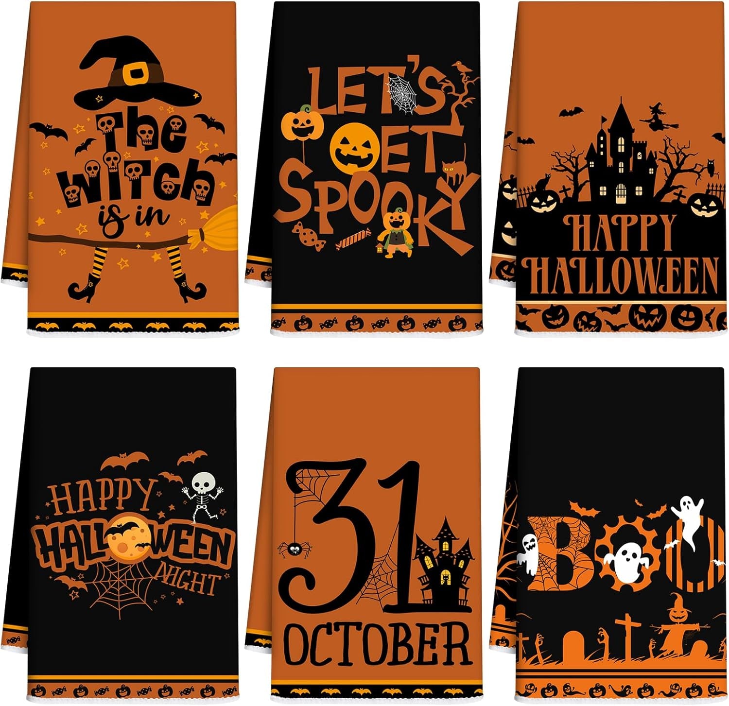 6 Pcs Halloween Kitchen Towels Dwarfs Cobwebs Witches Castles Dish Towels Fiber Fingertip Hand Towel Trick or Treat Tea Towels 14.2 X 21.3 Inch for Spooky October 31 Decorative Bathroom Guest