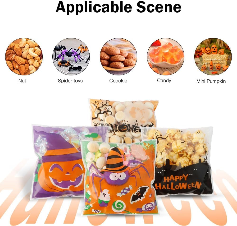 Halloween Treat Bags, 100PCS Self-Sealing Halloween Candy Bags, Halloween Trick or Treat Bags Halloween Cellophane Treat Bags Bulk Halloween Decorations Halloween Goodie Bags Snack Bags for Candy