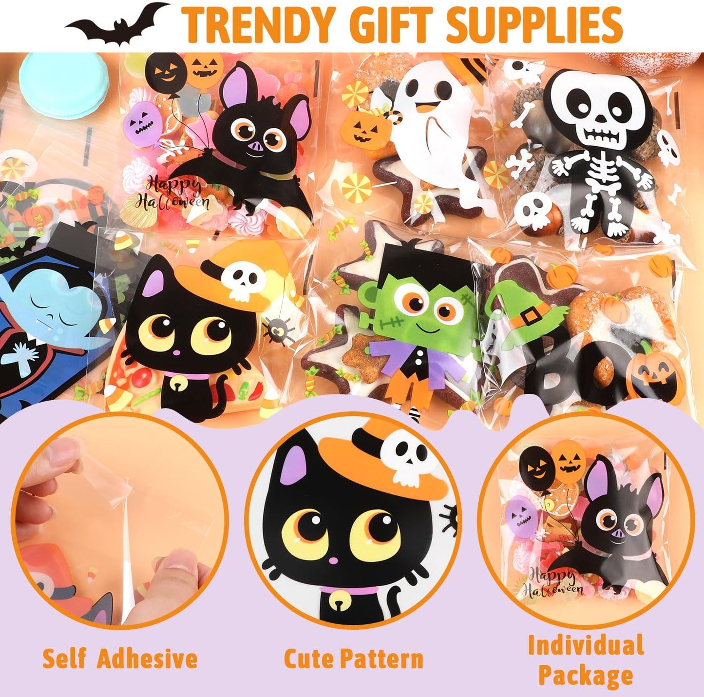 200Pcs Halloween Candy Bags,Self-Adhesive Cellophane Treat Bags 8 Styles Cute for Kids Gift Packing Party Favor Supplies