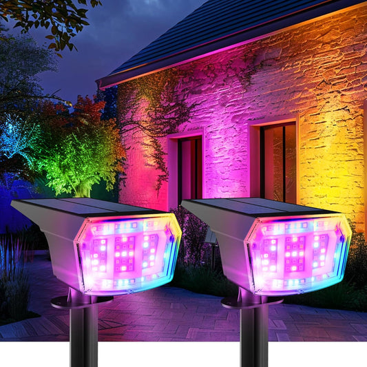 Color Changing Solar Spot Lights Outdoor, 9 Lighting Modes Colored Solar Lights Outdoor RGB, Color Solar Lights Waterproof IP65, Landscape Spotlights for Halloween Christmas Decorations