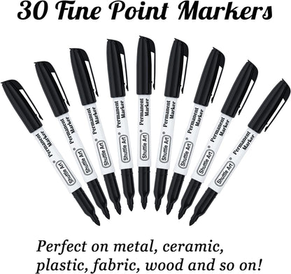 Permanent Markers, 30 Pack Black Permanent Marker Set,Fine Point, Works on Plastic,Wood,Stone,Metal and Glass for Doodling, Marking