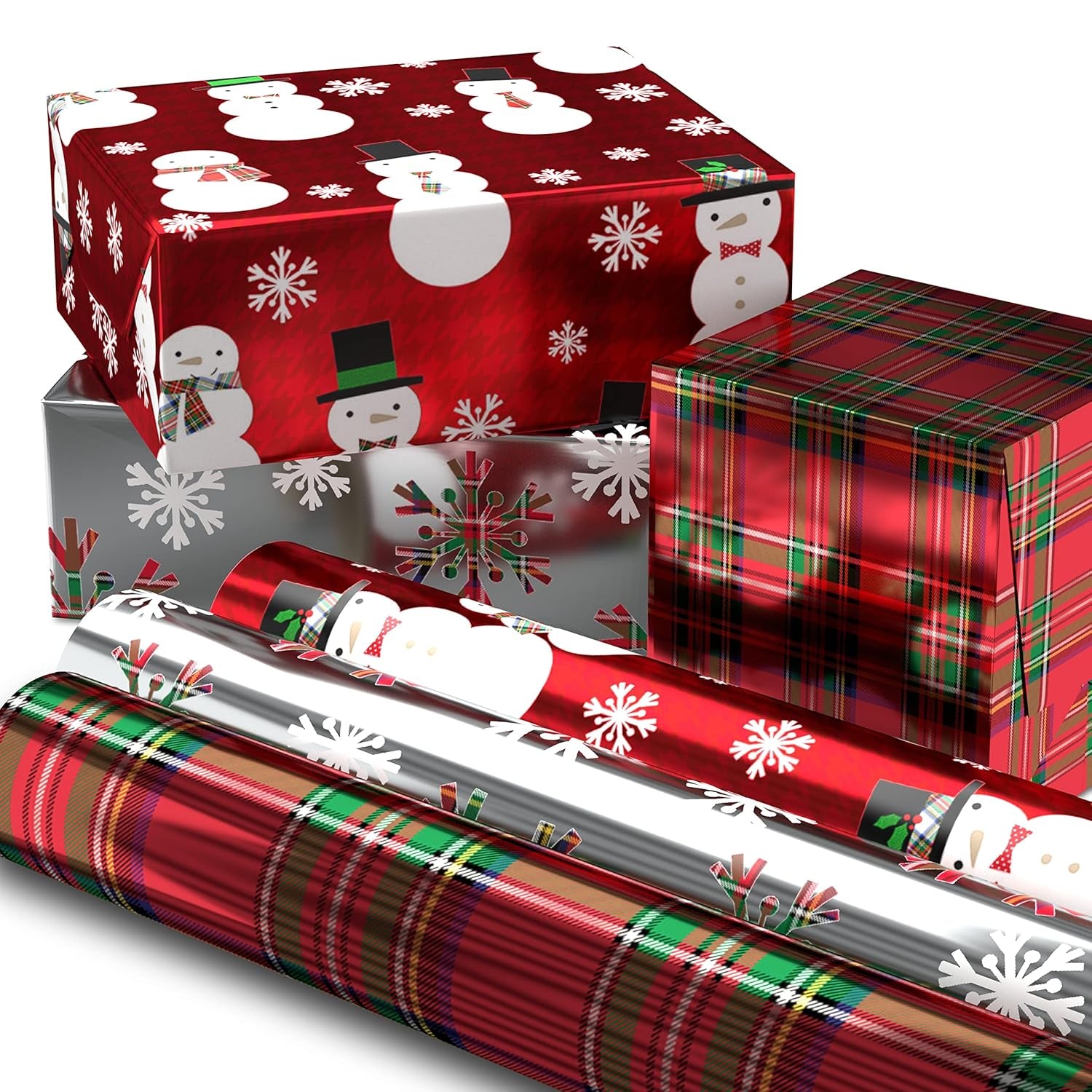 Foil Christmas Wrapping Paper with Cut Lines on Reverse (3 Rolls: 60 Sq. Ft. Ttl) Plaid Snowflakes, Snowmen, Tartan Plaid