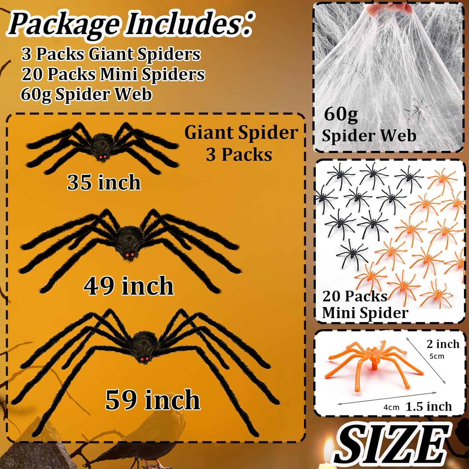 Halloween Giant Spider Decorations Indoor Outdoor Realistic Halloween Spider 3 Pack Sets with 250Sqft Spider Webs and 20 Fake Mini Spiders, Scary Hairy Spiders Props Yard Creepy Décor