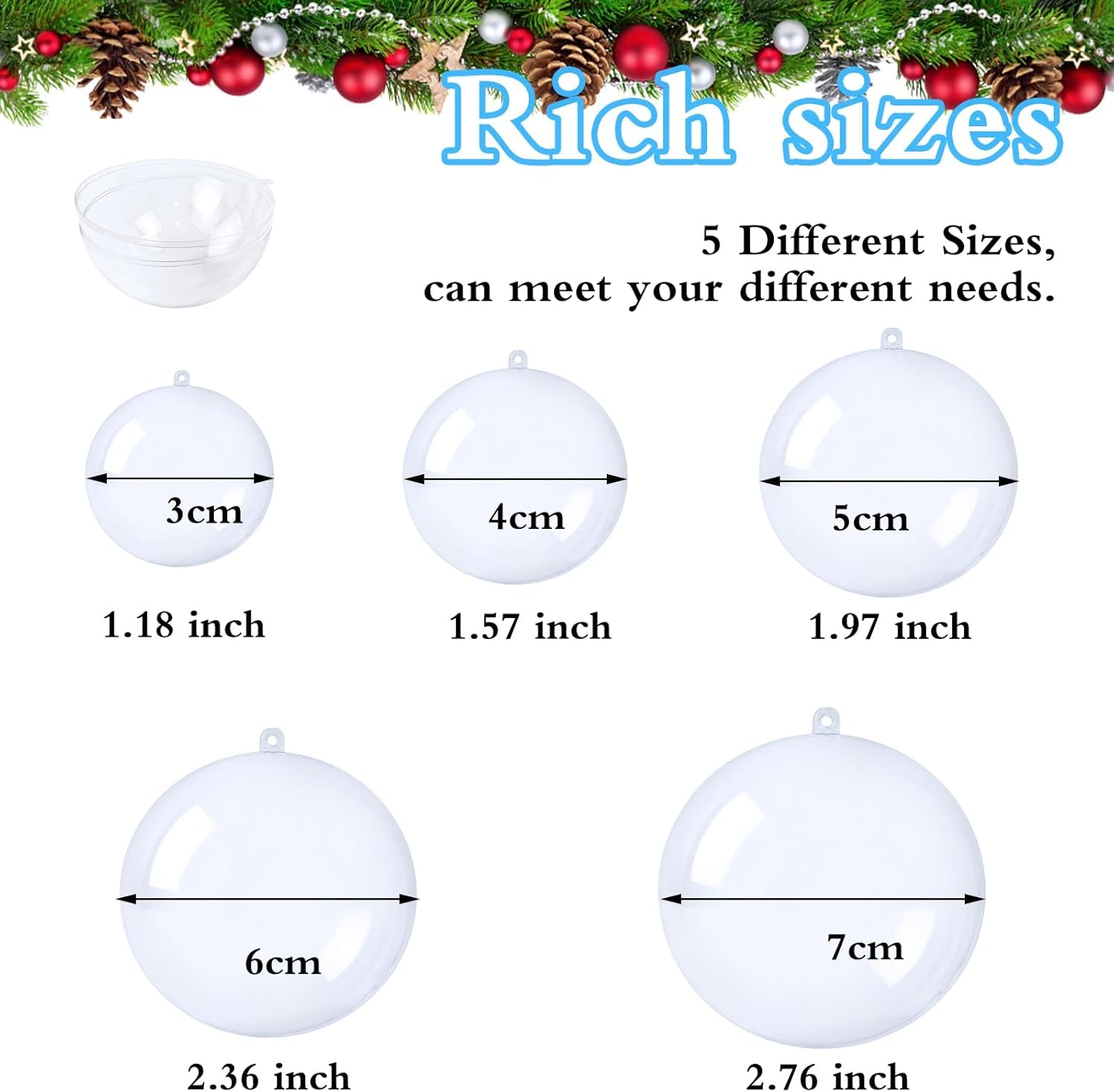 50 Pcs Clear Plastic Fillable Ornaments,Transparent DIY Christmas Fillable Ball,Plastic DIY Fillable Decoration Balls 5 Different Sizes for Christmas Tree,Wedding,Party,Home Decor