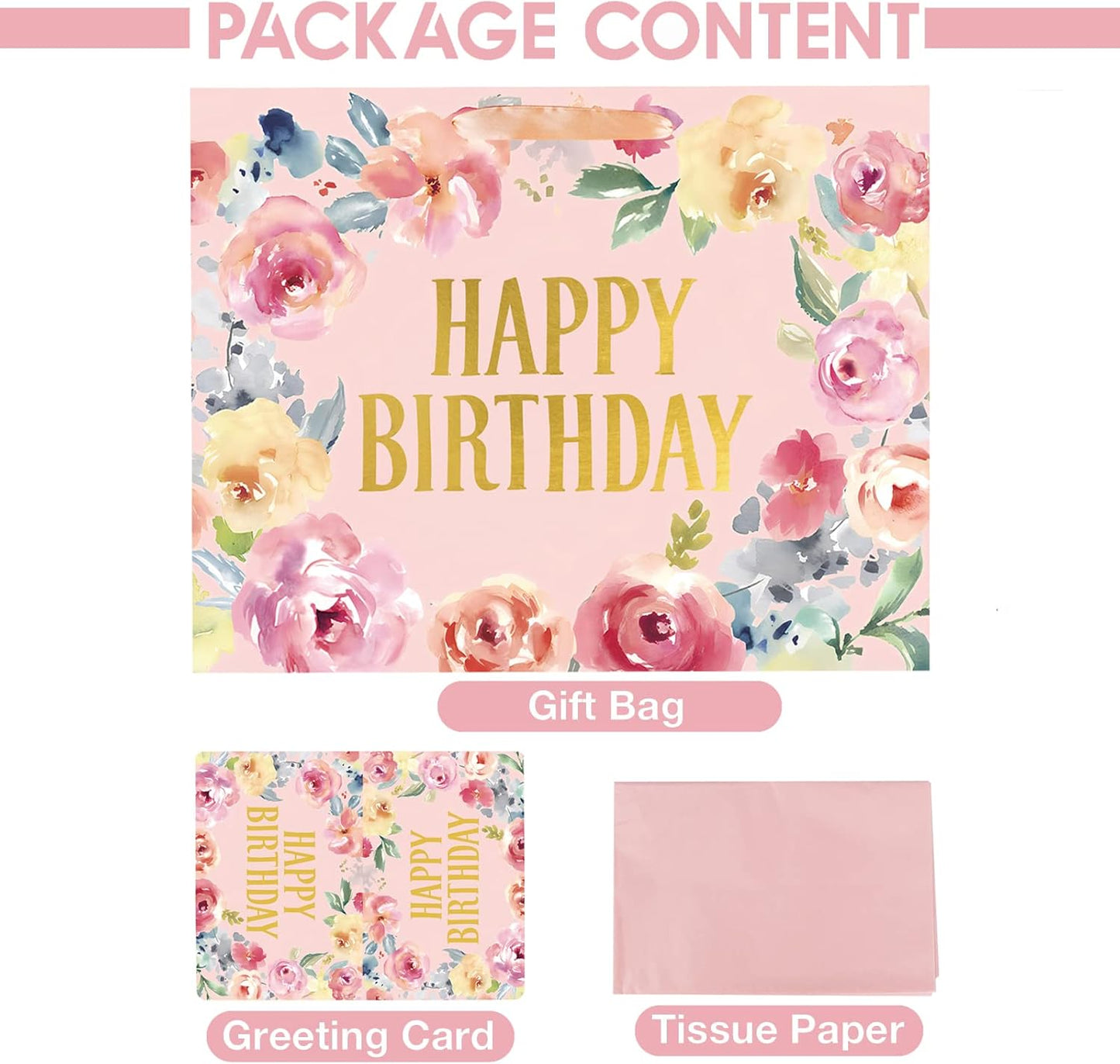 13" Large Happy Birthday Gift Bag with Card and Tissue Papers for Women Girls Floral Design with Handles