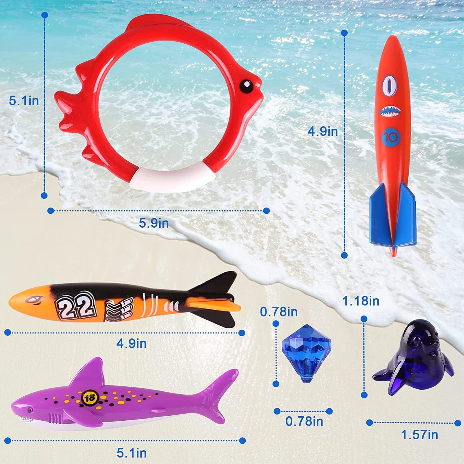 Summer Pool Diving Swimming Toys for Kids, Fun Swim Games Sinking Set, Underwater Dive Gifts with Storage Bag Include Torpedo Gems Shark Rings Sea Animals for Boys Girls Toddlers 20 Packs