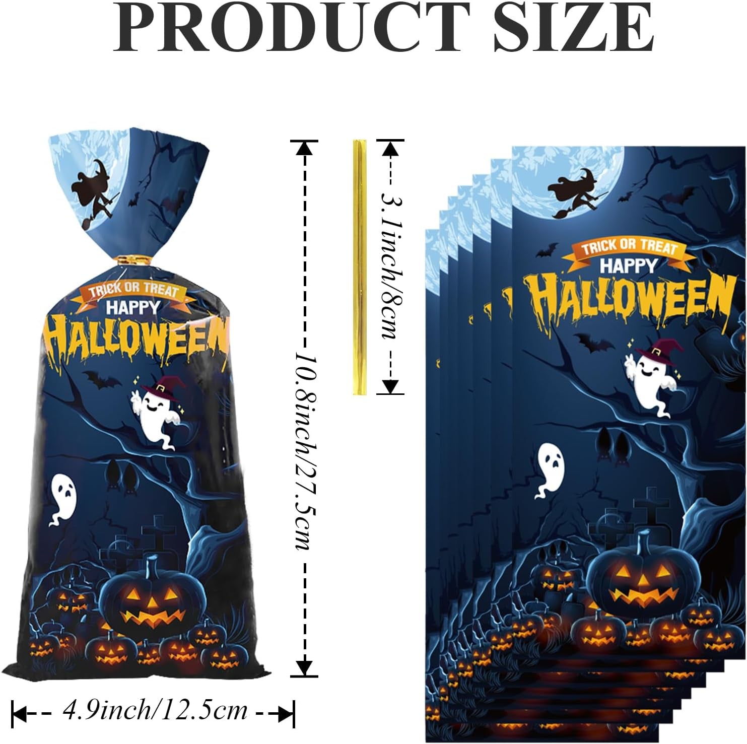 Halloween Treat Bags | 50 Pcs Cellophane Bags with Fun Scary Designs | Pumpkins, Witches Cello Bags | Halloween Party Decorations, Spooky Trick or Treat Bags