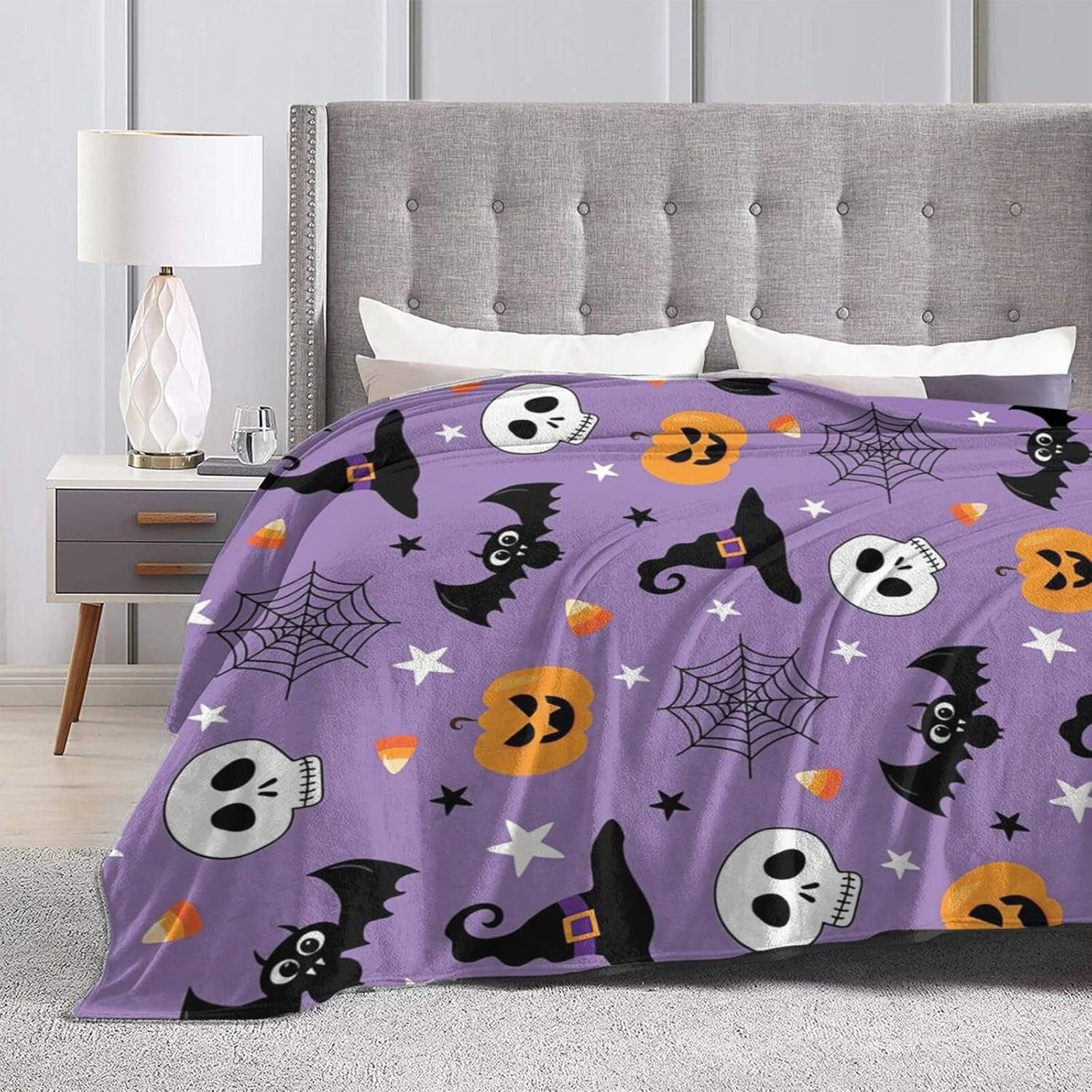 Halloween Blanket Decor Throw Blanket Warm Cozy Pumpkin Skull Spider Webs Witch'S Hat Black Bat Blanket Funny Purple Halloween Bedding Blanket for Boys Girls Kids Women Bed 60"X80"