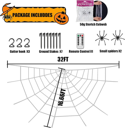 Spider Webs Halloween Decorations - Light up Spider Web Halloween Decorations Outdoor 32X16.5Ft- 450 LED Giant Spider Web & 50G Stretch Cobweb,Halloween Spiderwebs with Remote Control