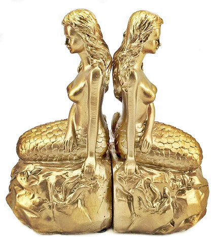 Mermaid Bookends Shelves Decorative Vintage Ariel Greek Mythology Nautical Coastal Sailor Book Ends Golden 7 Inch