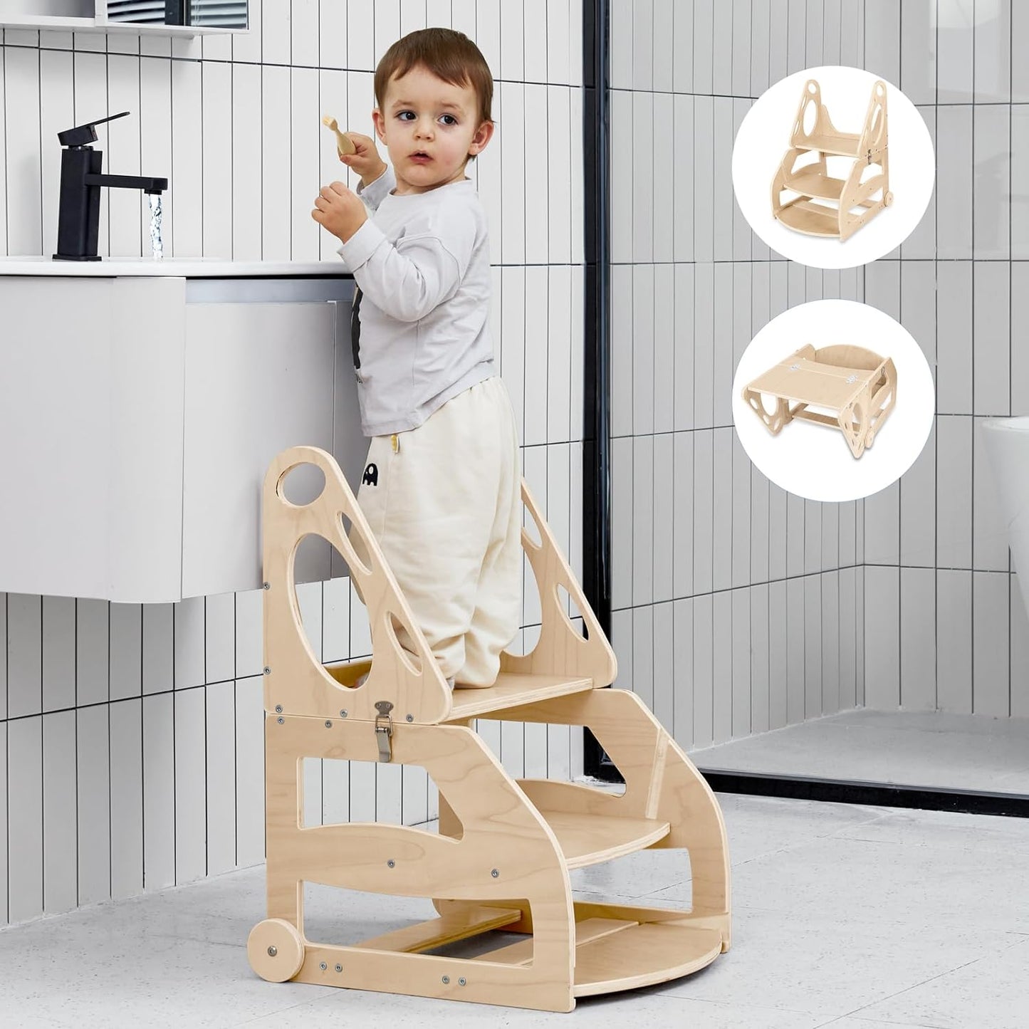 Toddler Step Stool, 2 in 1 Wooden Step Stool for Toddler, Adjustable Toddler Step Stool with Handles and Wheels, Convertible Kids Table and Stool Set