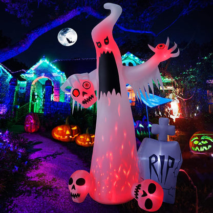 12 FT Halloween Inflatables Outdoor Halloween Blow up Yard Decorations Horror White Ghost with 3 Skull Heads Bleeding Eyeball Tombstone Halloween Decorations Clearance for Party Yard Garden