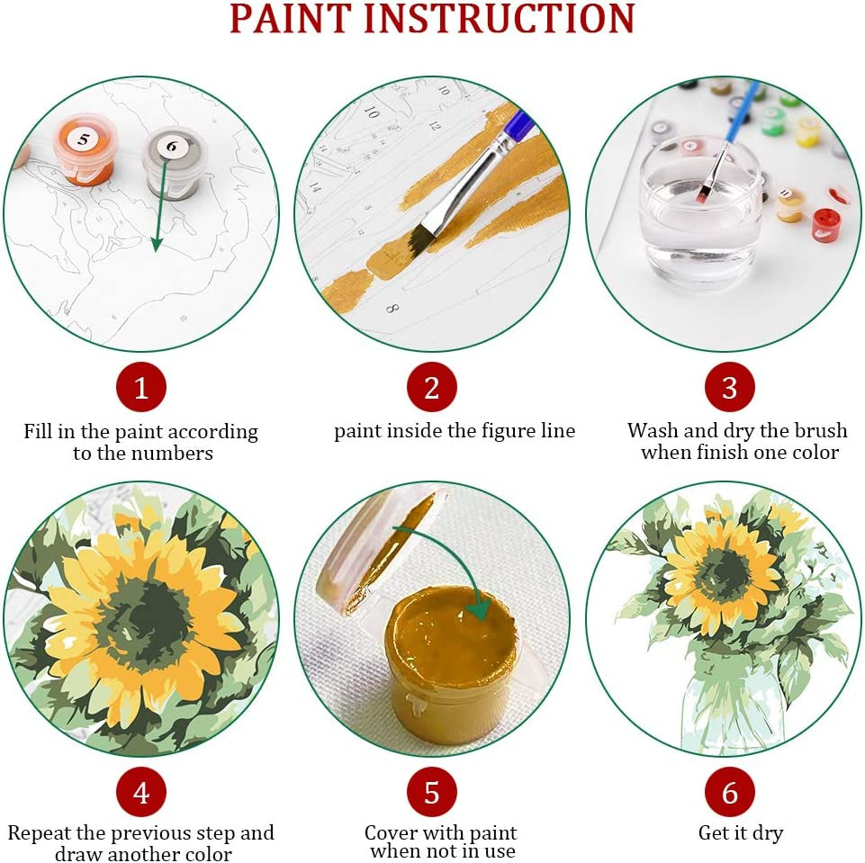 Paint by Numbers Kit for Adults Beginner & Kids Ages 8-12 with Wooden Frame Easy Acrylic on Canvas 9X12 Inch with Paints and Brushes, Vase Sunflower(Include Framed)