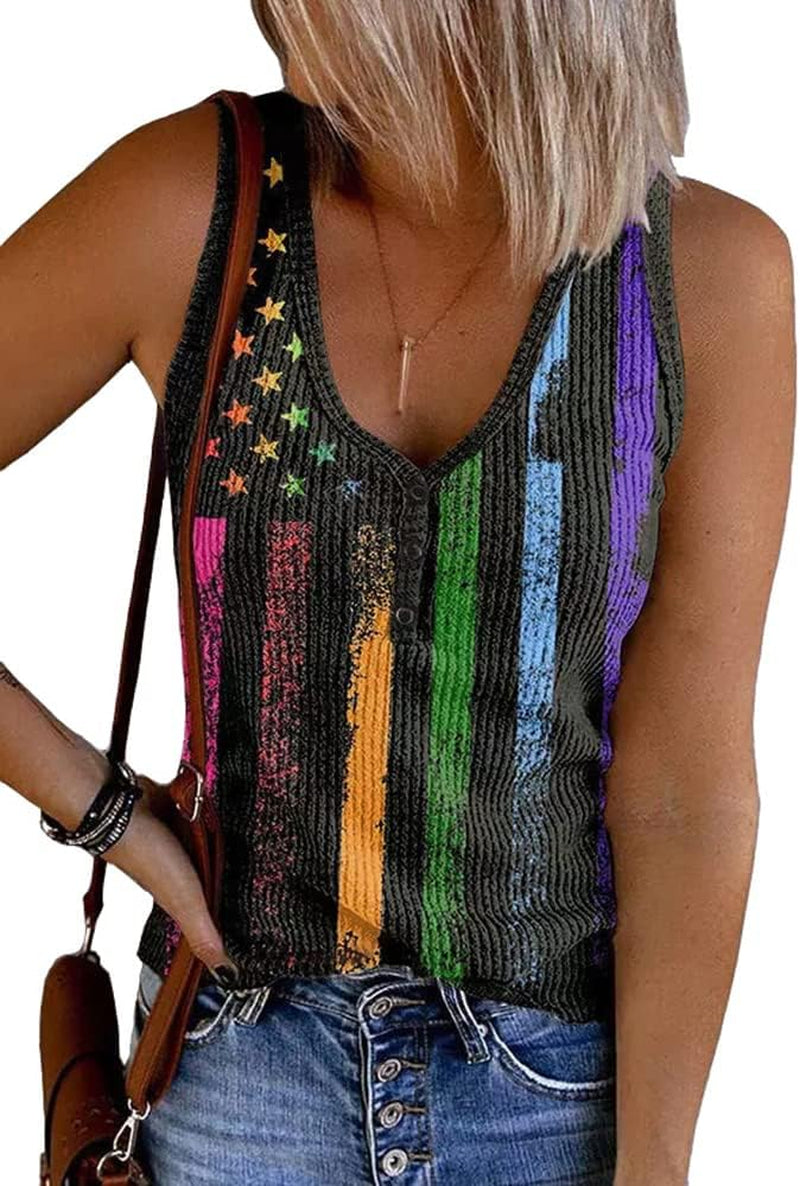 Womens American Flag Button V-Neck Tank Coloful Printed Sleeveless Patriotic Shirts Summer Tops