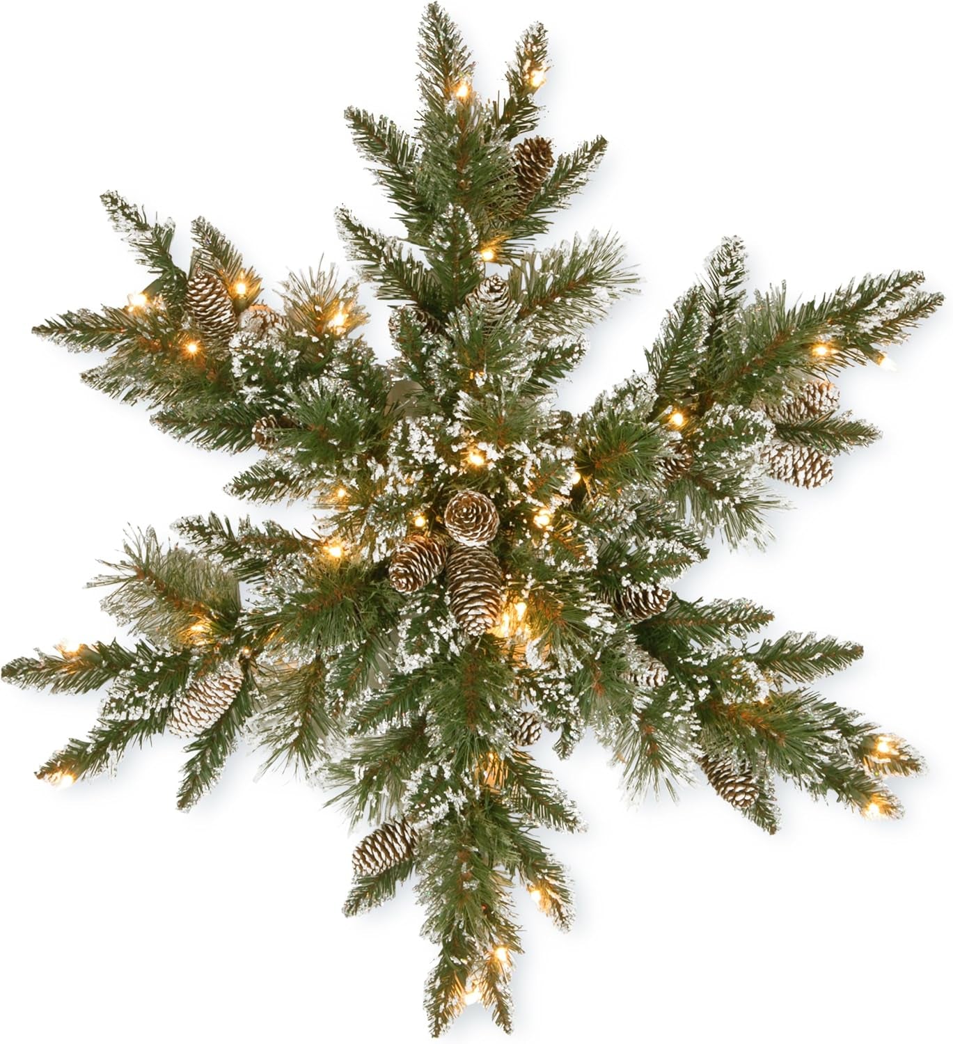 Pre-Lit Artificial Christmas Star Wreath, Green, Glittery Bristle Pine, White Lights, Decorated with Pine Cones, Frosted Branches, Christmas Collection, 32 Inches