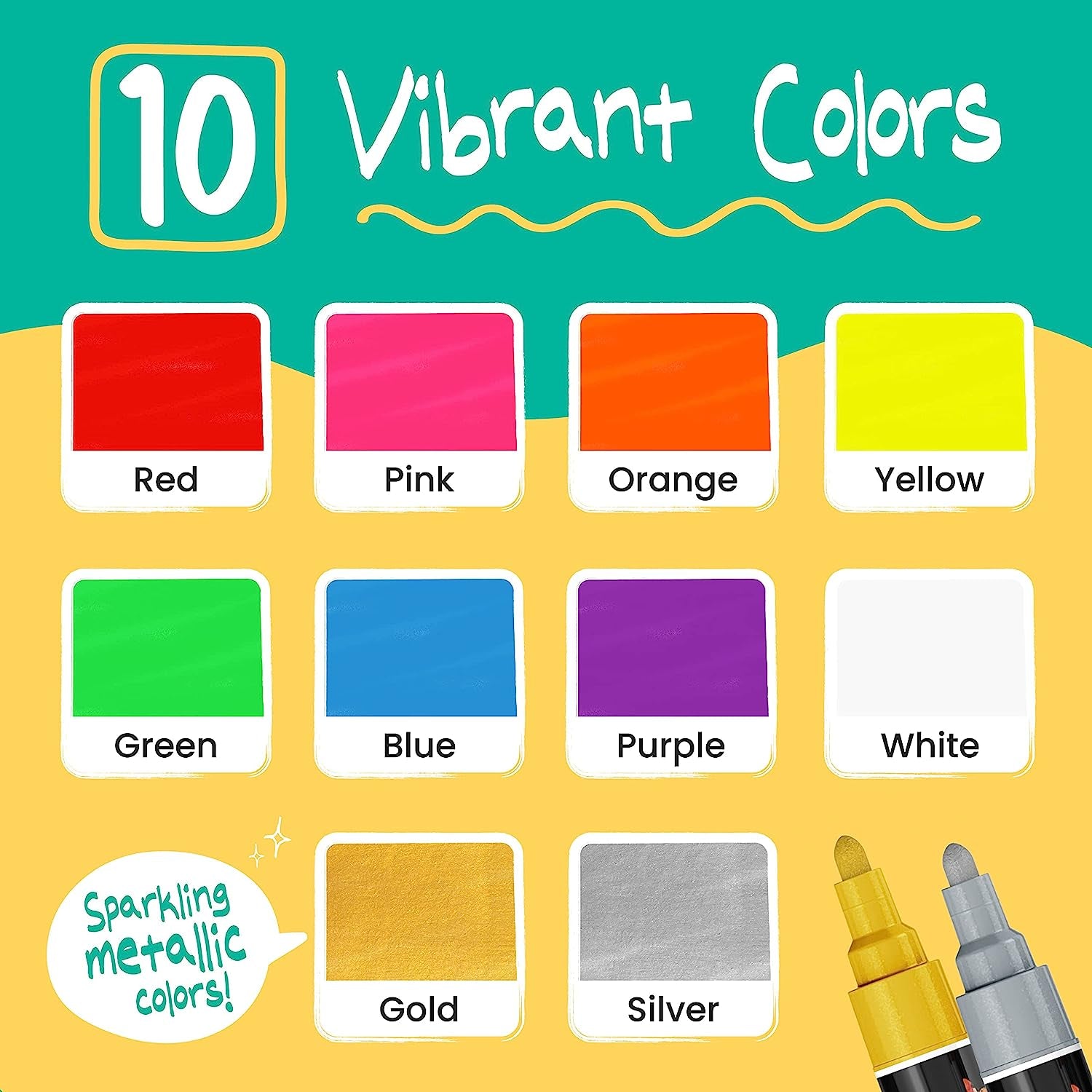 10Mm Window Markers - 10 Chalk Pens (With Gold, Silver) - 10Mm Wide Tip - Washable Liquid Chalk Markers for Blackboard, Chalkboard, Glass, Cars, Signs, Bistro - Erasable Wet Erase Markers