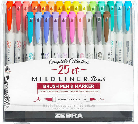 Pen Mildliner Double Ended Brush Pen, Brush and Point Tips, Assorted Ink Colors, 25-Pack, Multicolor (79125)