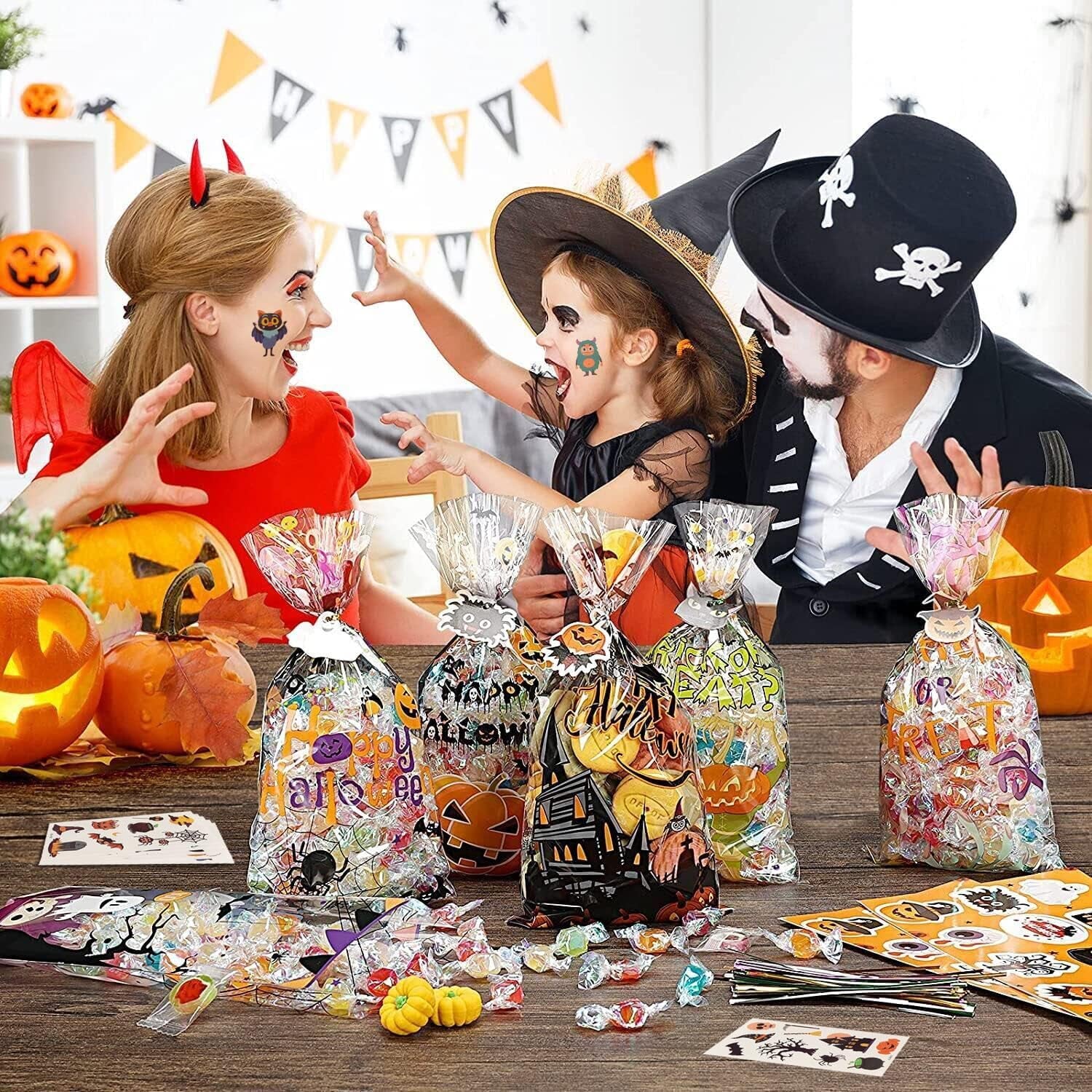 Halloween Candy Bags Treats Bags, 200 PCS Halloween Cellophane Bags for Kids Treat or Trick Party Supplies, 8 Styles Halloween Goodies Bags Gift Bags with Tattoo Stickers for Halloween Party Favors