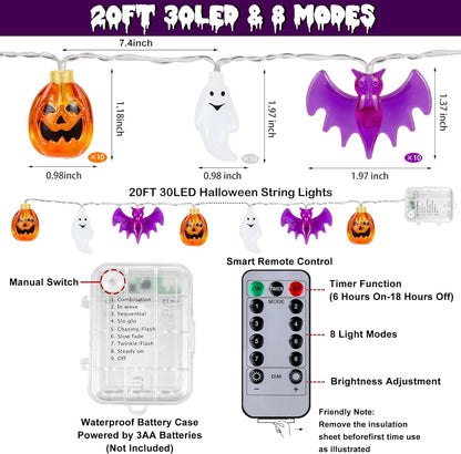 Halloween Lights Decorations Outdoor, 20FT 30 LED 3D Pumpkin Bat Ghost Halloween String Lights Battery Operated with Timer 8 Light Modes Halloween Decorations Outdoor Indoor Home Halloween Party Decor