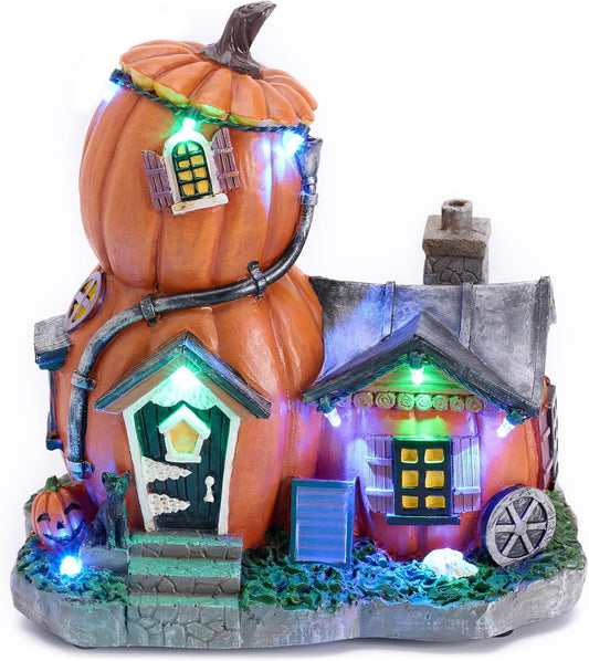 Halloween Village Decorations Indoor, 7Inch Lighted Vintage Halloween Pumpkin Haunted House Resin Statues with Music and Light for Table Yard Garden Outdoor Home Party Decor