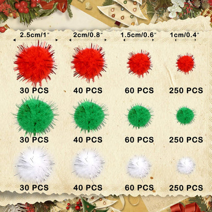 Christmas Pom Pom 1140 Pcs Glitter Fluffy Balls Pompoms Red Green White for DIY Crafts Home Party Xmas Decorations Supplies (4 Sizes)