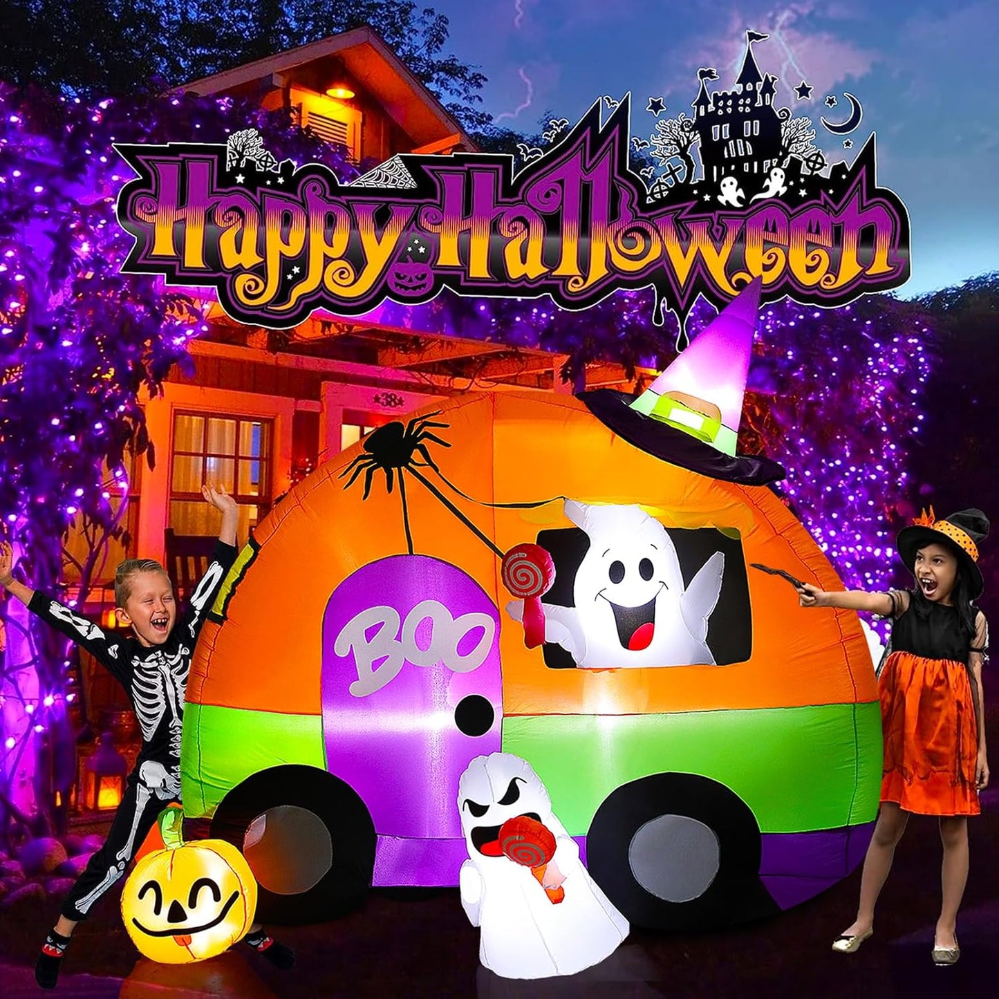 Halloween Inflatable Yard Decorations, 6Ft Tall Blow up Ghost Bus with Spider, Pumpkin, Witch Hat, Light up Holiday Inflatables Decorations for Indoor Outdoor, Party, Garden, Lawn (Ghost Bus)