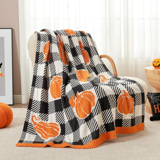 Fall Blanket Orange Pumpkin Throw Blanket for Couch 50X60 Inches, Ribbed Jacquard Ultra Soft Decorative Blanket, Black White Checkered Pumpkin Throw Blankets for Halloween Harvest Gifts