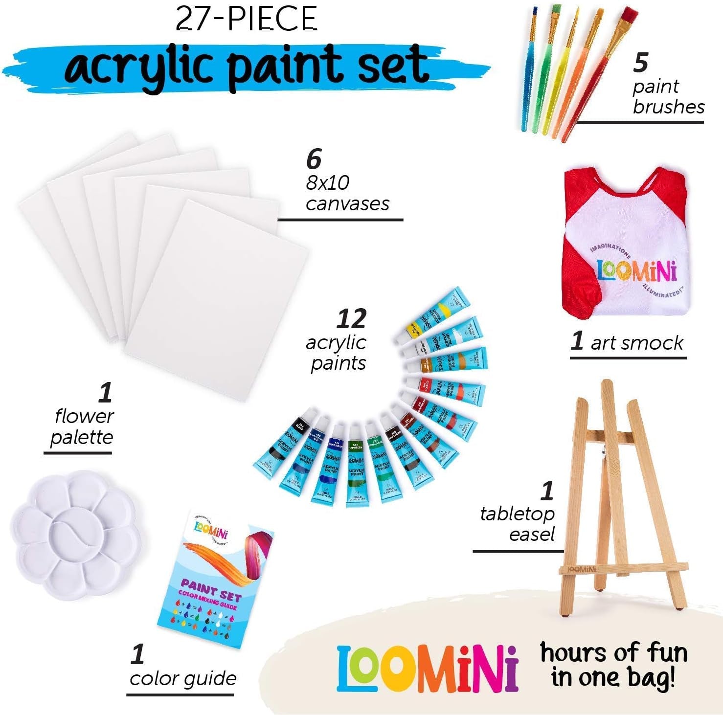 Kid'S Acrylic Paint Set - Premium Art Kit for Boys & Girls - 27-Piece Painting Set with Acrylic Paints, Canvas, Brushes, Waterproof Smock & Wood Easel - Portable Art Set for Littler Painters