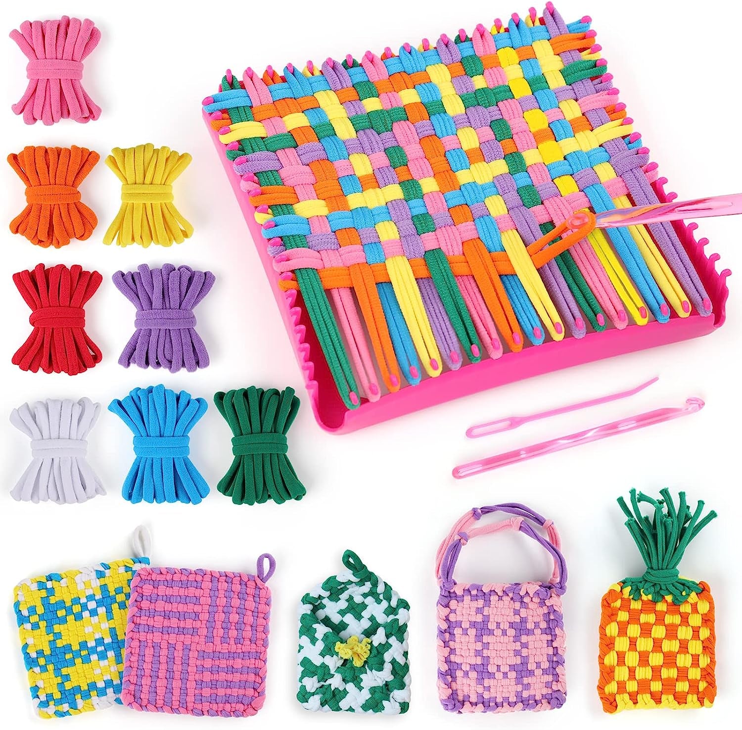 Weaving Loom Kit Toys for Kids and Adults, Potholder Loops Crafts for Girls Ages 6 7 8 9 10 11 12, 7" Pot Holder Loom Knitting Kits and Gifts for Kids and Beginners, Make 6 Masterpieces